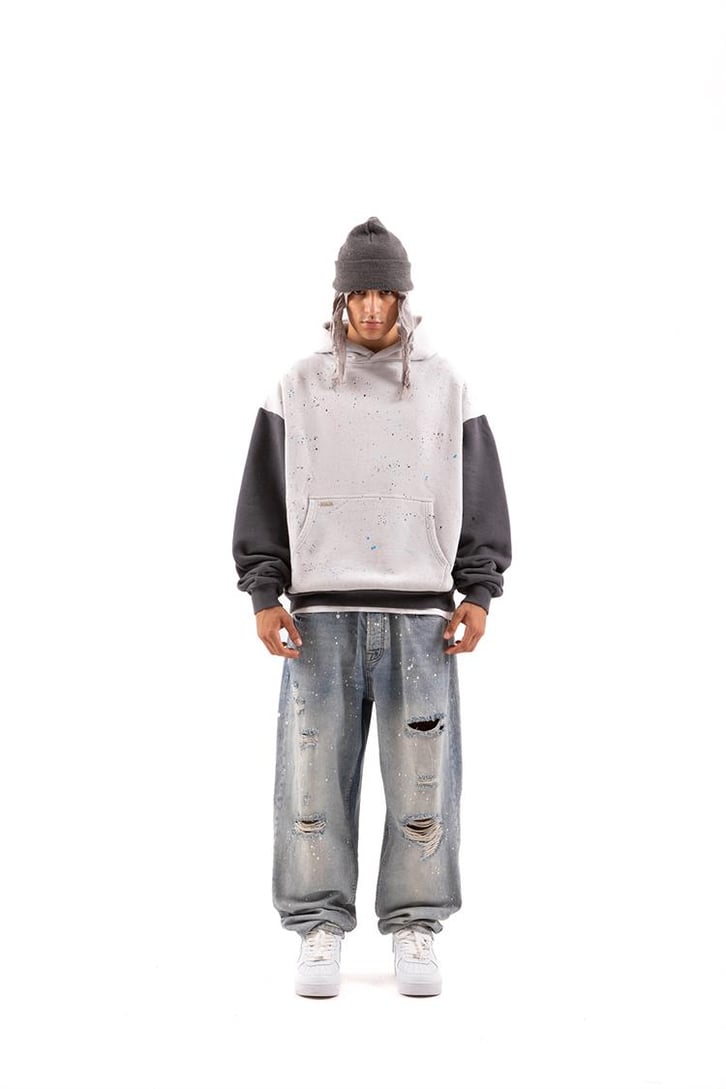 Paint Detail Gri Oversize Hoodie