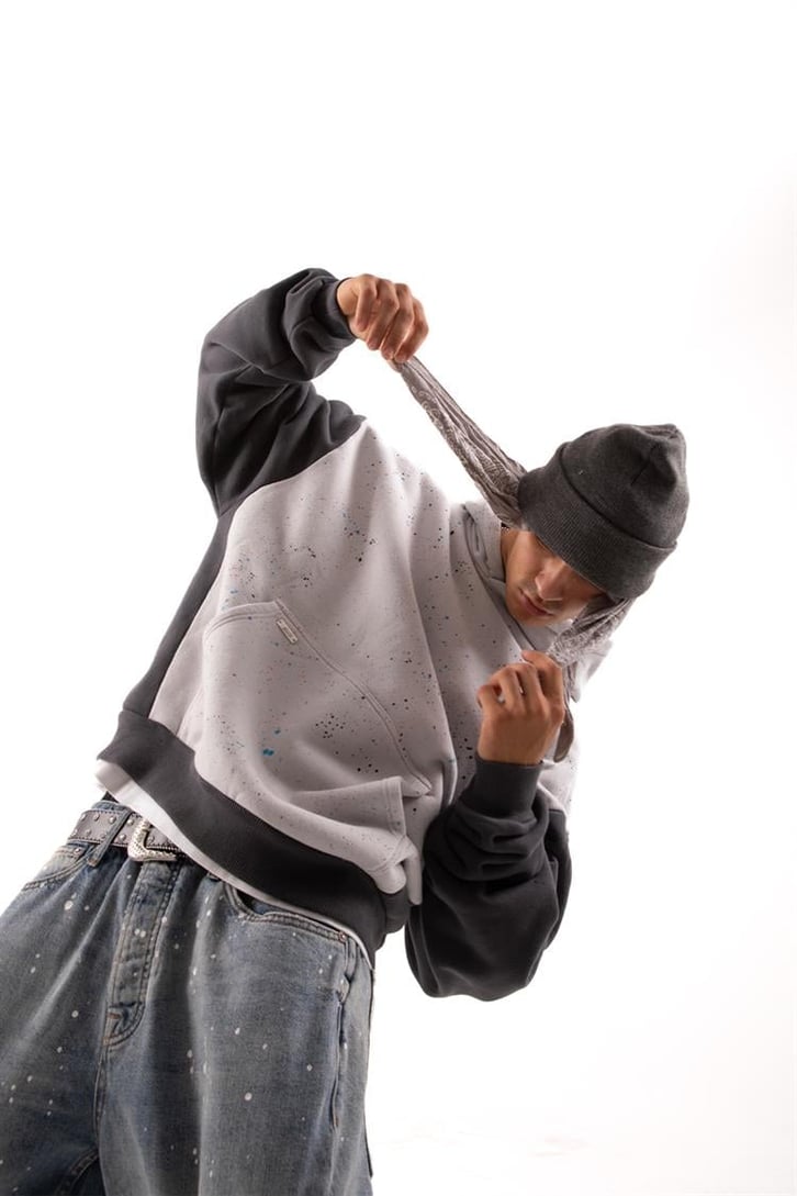 Paint Detail Gri Oversize Hoodie