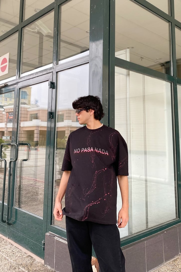 Paint Splash Skull Baskılı Siyah Oversize Tshirt