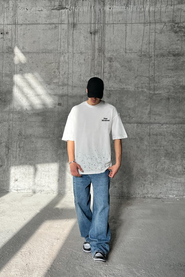Paint Splatter Ekru Oversize Tişört