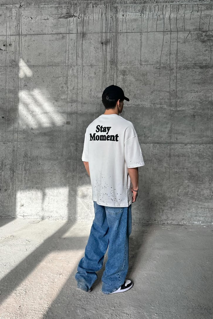 Paint Splatter Ekru Oversize Tişört