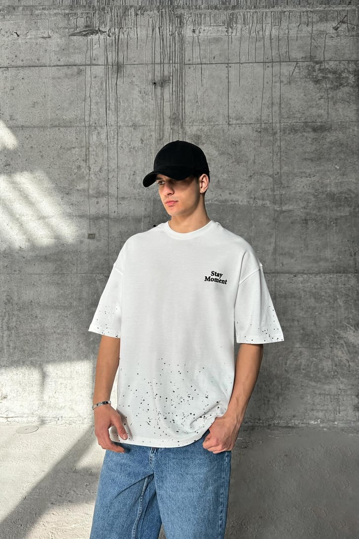 Paint Splatter Ekru Oversize Tişört