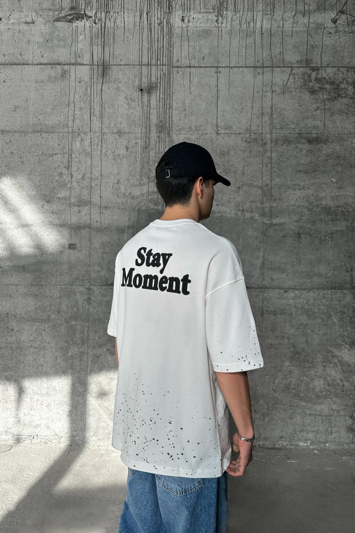 Paint Splatter Ekru Oversize Tişört