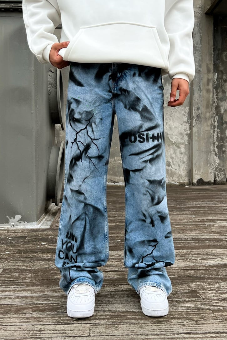 Painted Detail Mavi Baggy Jean