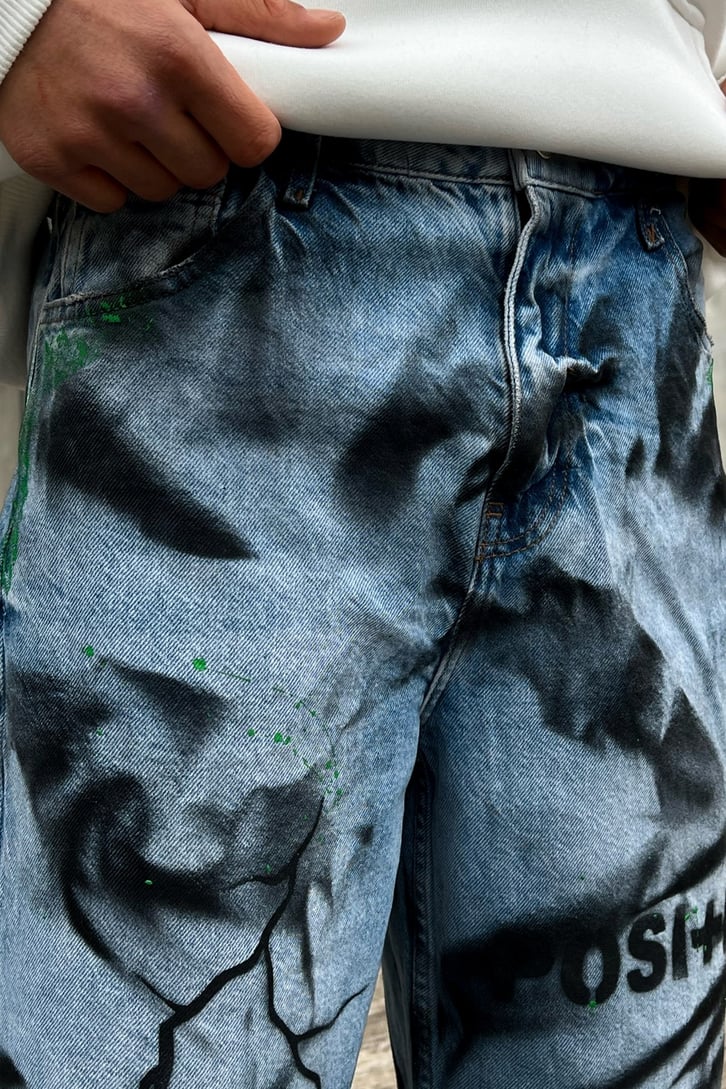 Painted Detail Mavi Baggy Jean