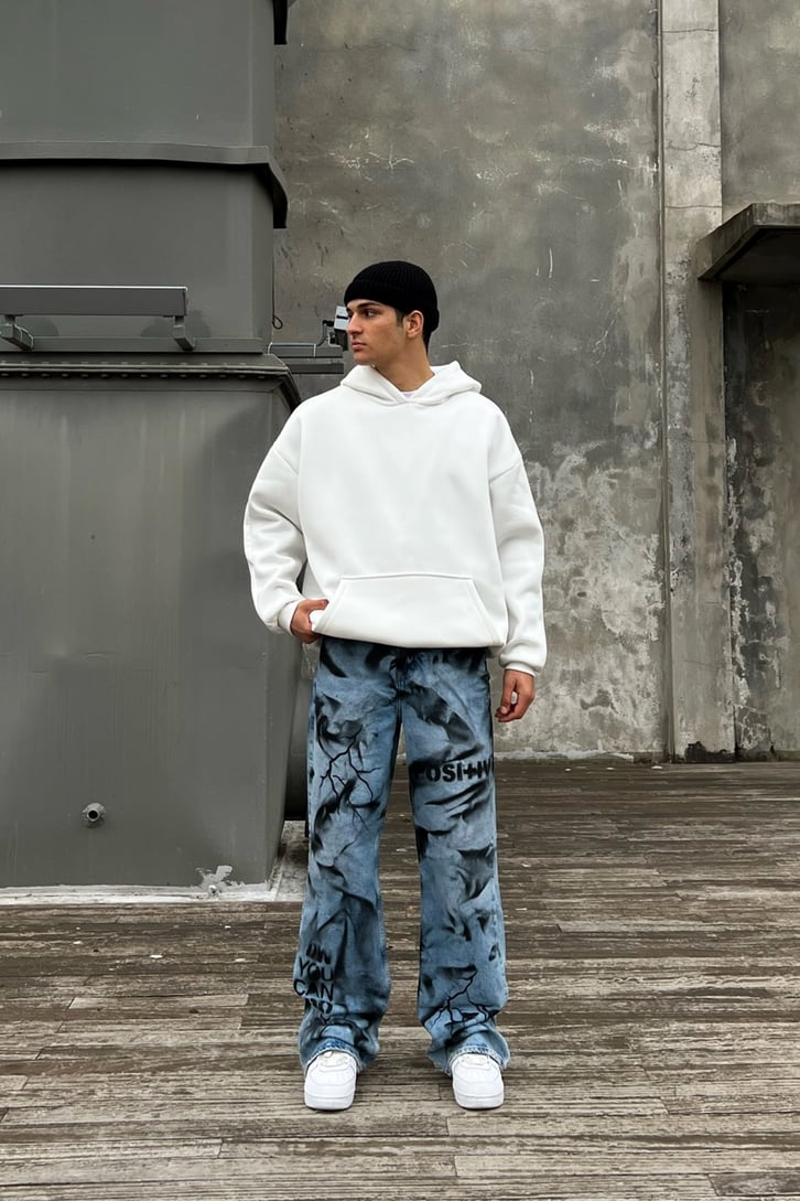 Painted Detail Mavi Baggy Jean