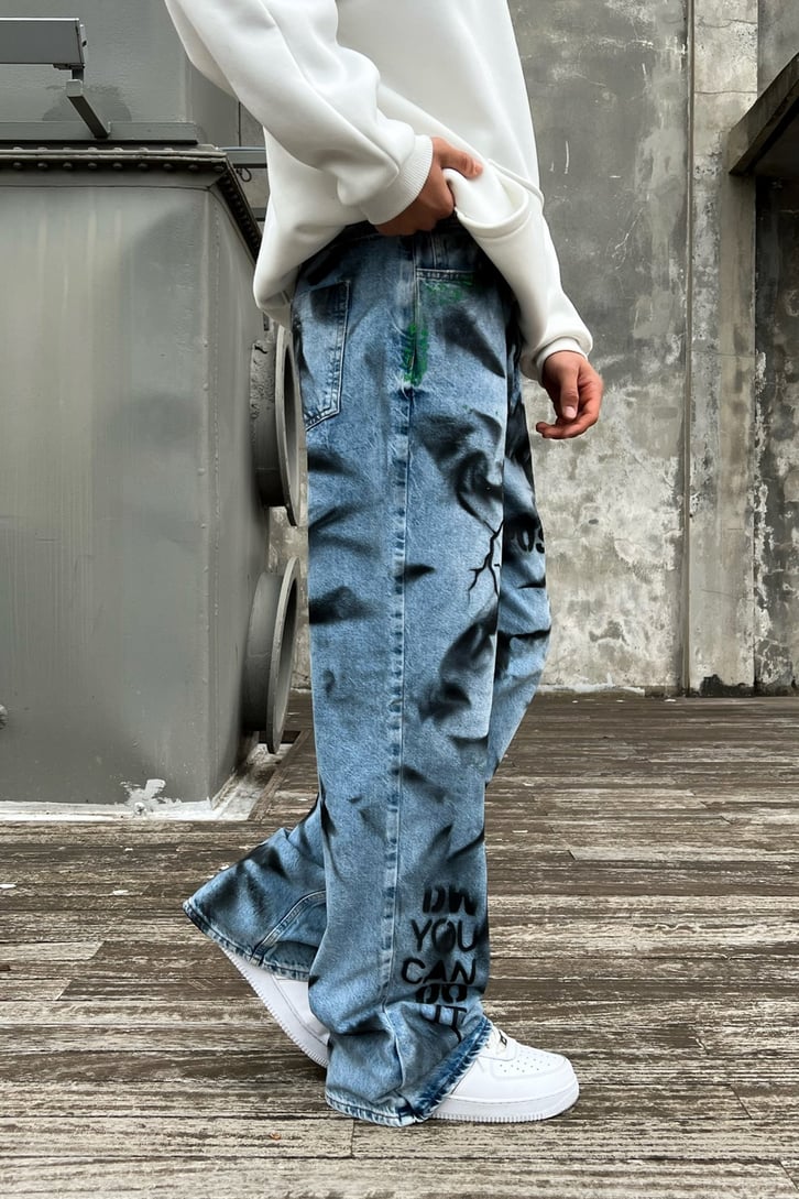 Painted Detail Mavi Baggy Jean