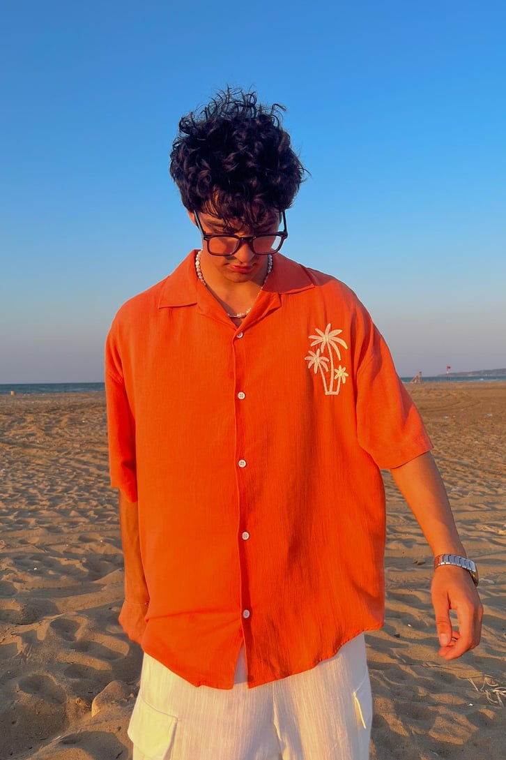 Palm Nakışlı Keten Kısa Kol Oversize Gömlek