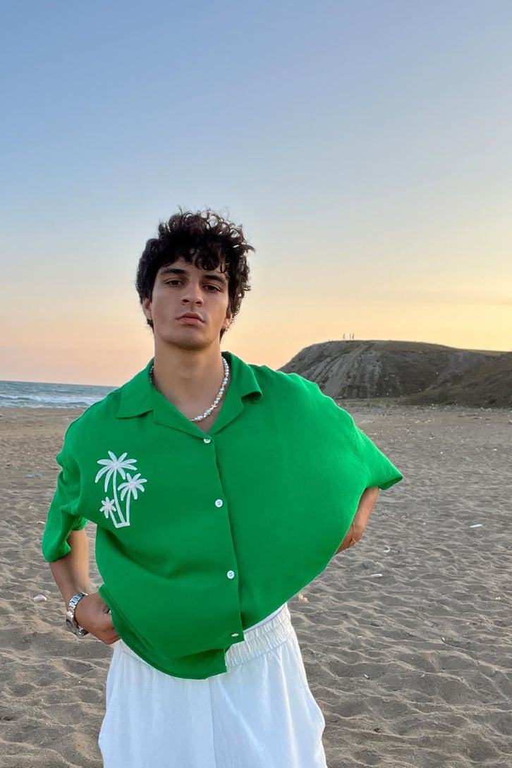 Palm Nakışlı Keten Kısa Kol Oversize Gömlek