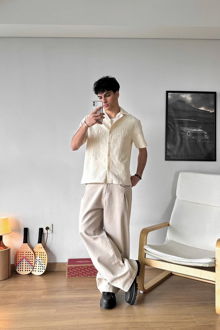 Palm Nakışlı Siyah Boxy Fit Gömlek