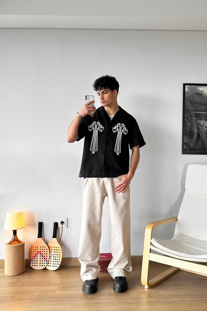 Palm Nakışlı Siyah Boxy Fit Gömlek