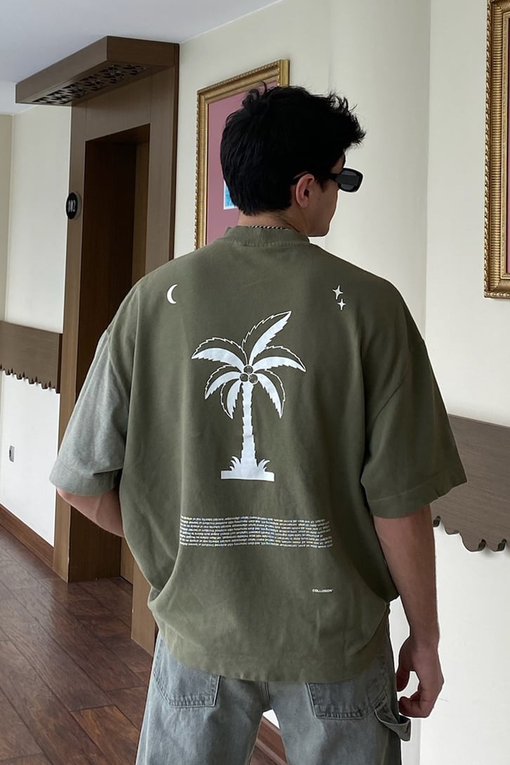 Palm Tree Printed Oversize Khaki Tshirt