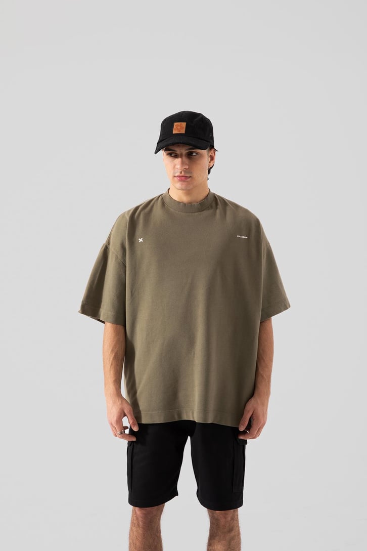 Palmiye Baskılı Haki Oversize Tişört