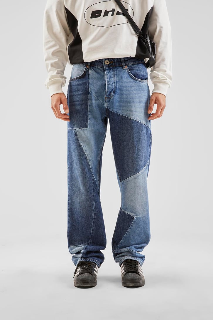 Parça Desenli Koyu Mavi Baggy Jean