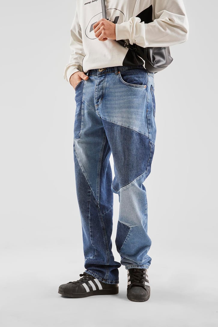 Parça Desenli Koyu Mavi Baggy Jean