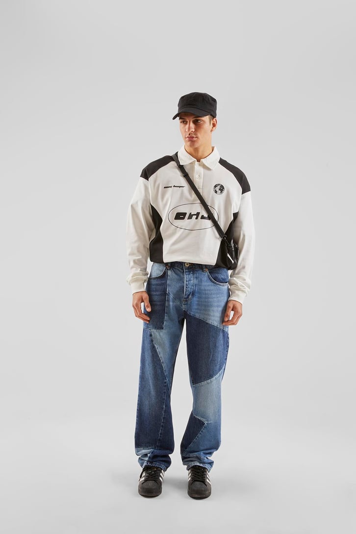 Parça Desenli Koyu Mavi Baggy Jean
