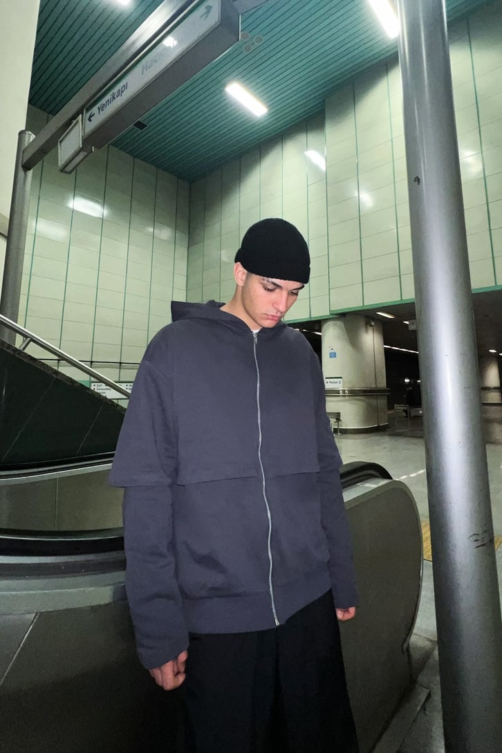 Parça Detaylı Füme Zipper Hoodie