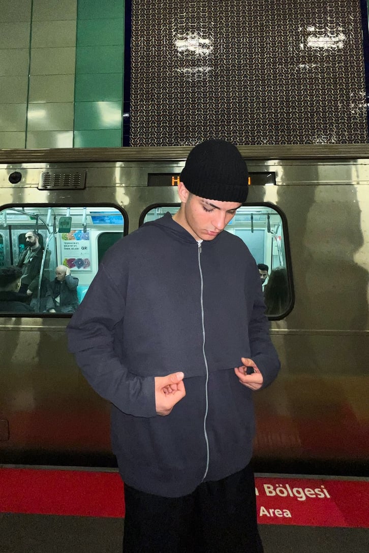 Parça Detaylı Füme Zipper Hoodie