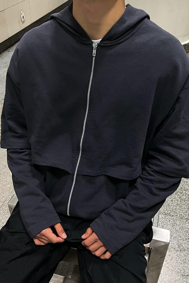 Parça Detaylı Füme Zipper Hoodie