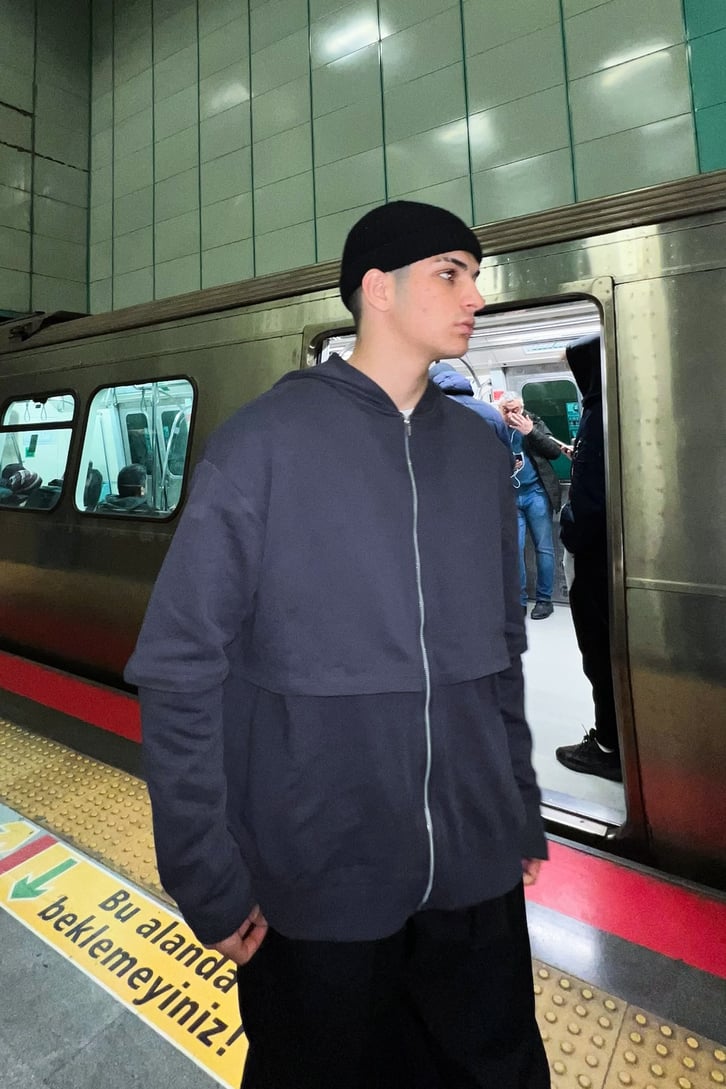 Parça Detaylı Füme Zipper Hoodie