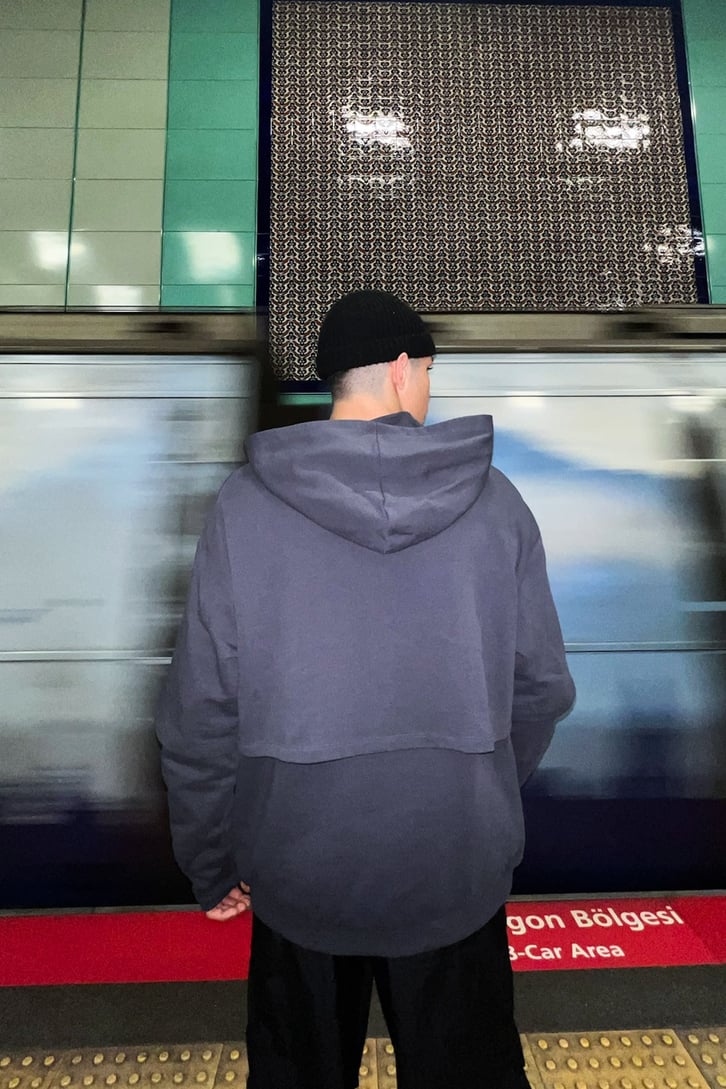 Parça Detaylı Füme Zipper Hoodie
