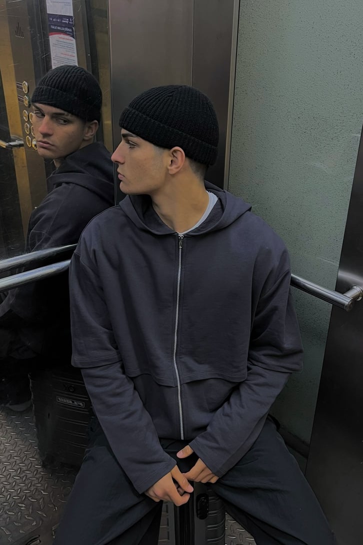 Parça Detaylı Füme Zipper Hoodie