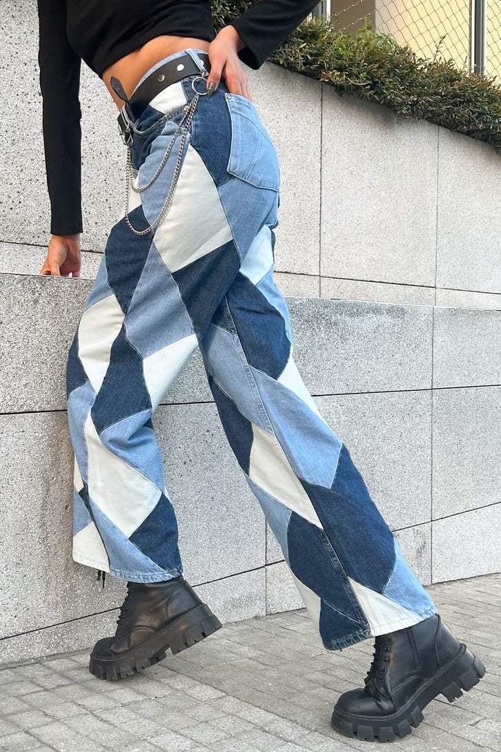 Parça Yamalı Mavi Baggy Jean