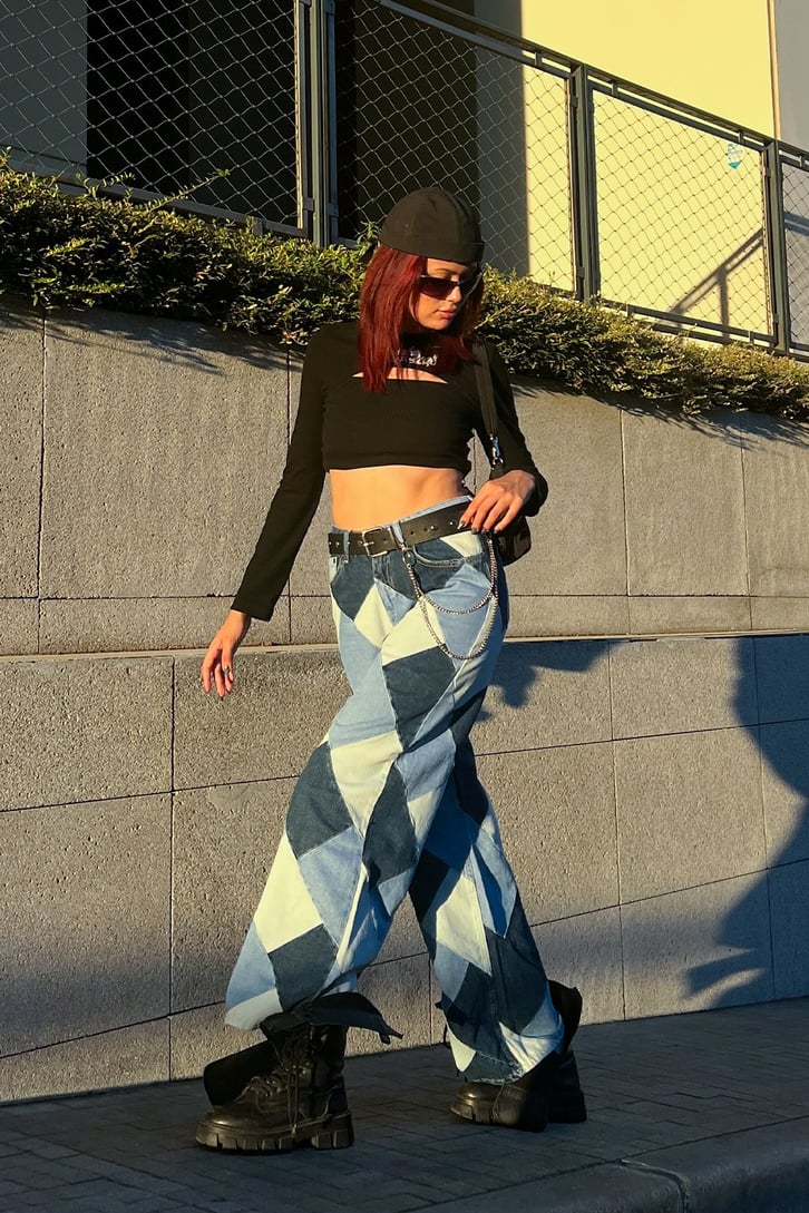 Parça Yamalı Mavi Baggy Jean