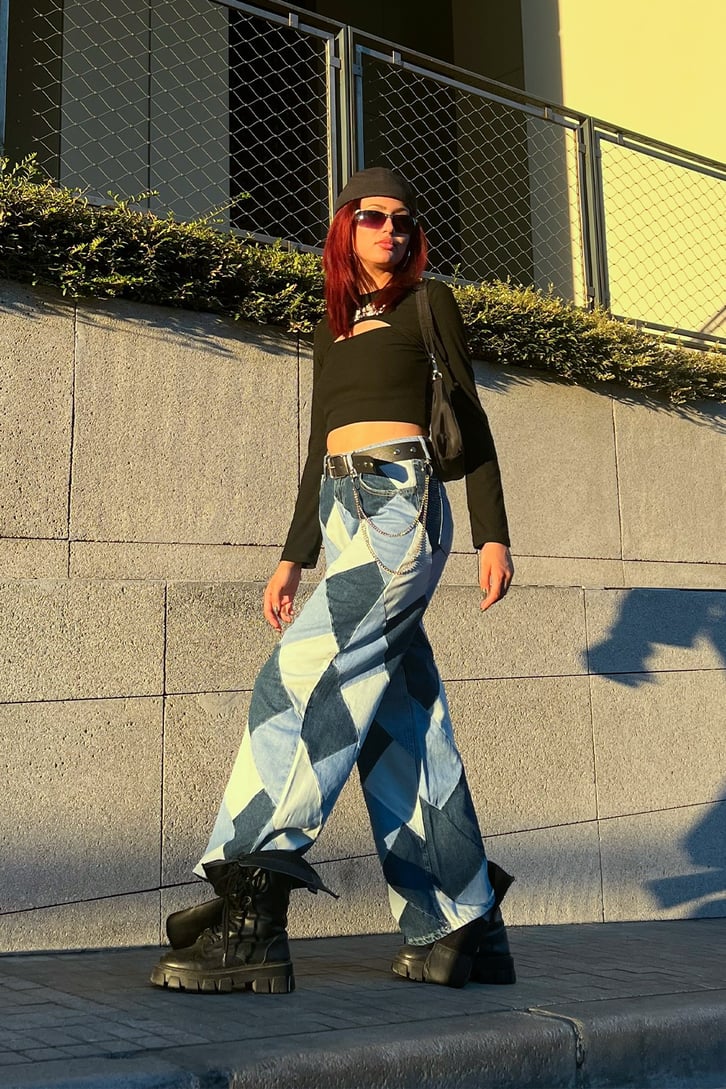Parça Yamalı Mavi Baggy Jean