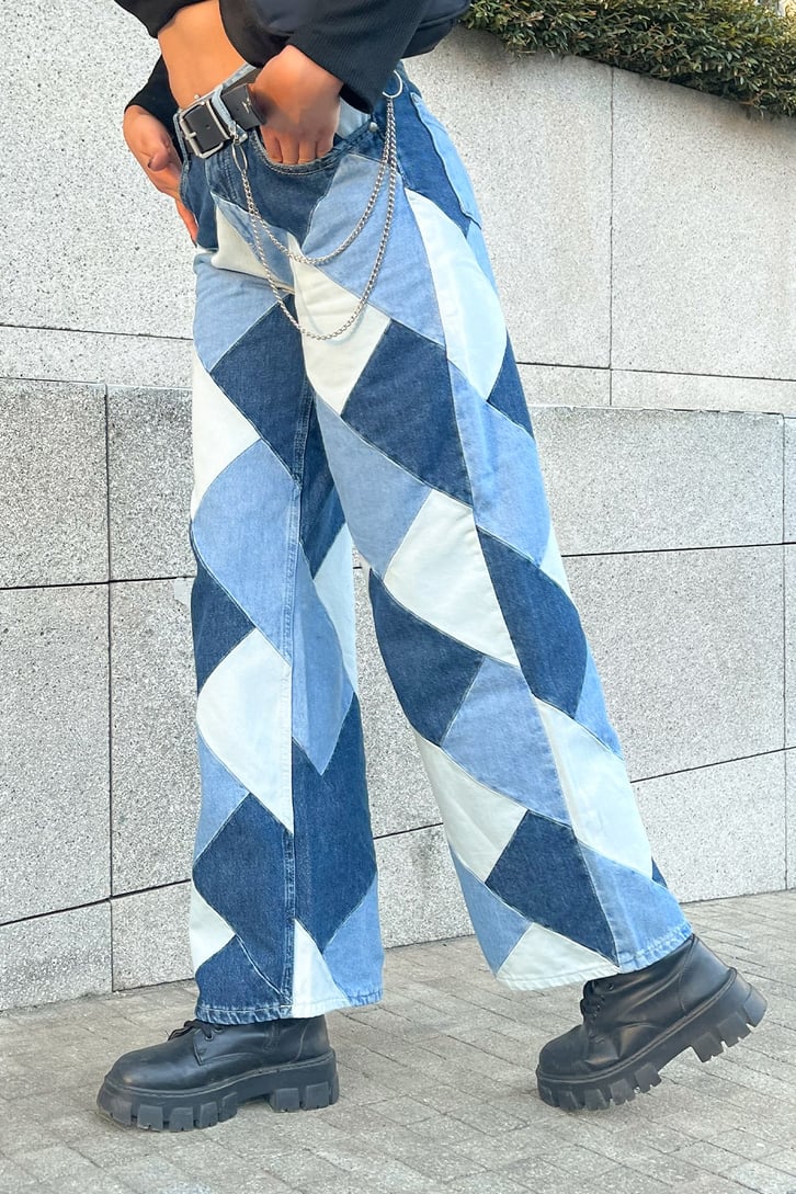 Parça Yamalı Mavi Baggy Jean