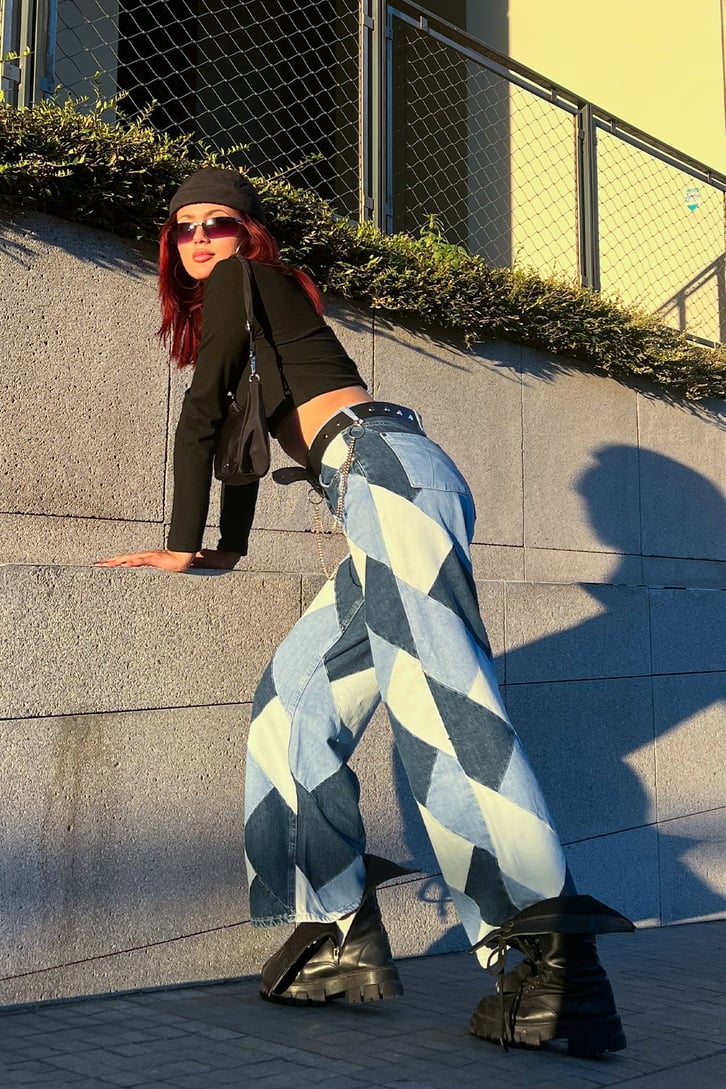 Parça Yamalı Mavi Baggy Jean