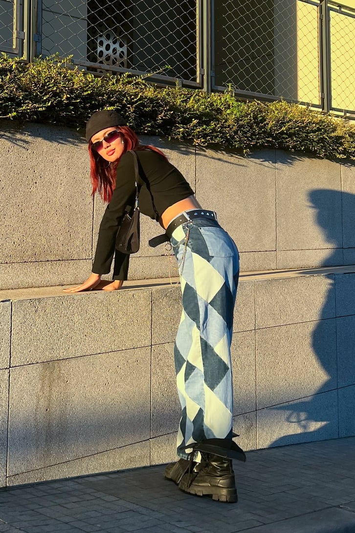 Parça Yamalı Mavi Baggy Jean