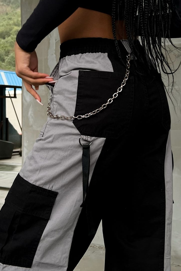 Parçalı Cep Detay Siyah Baggy Pantolon