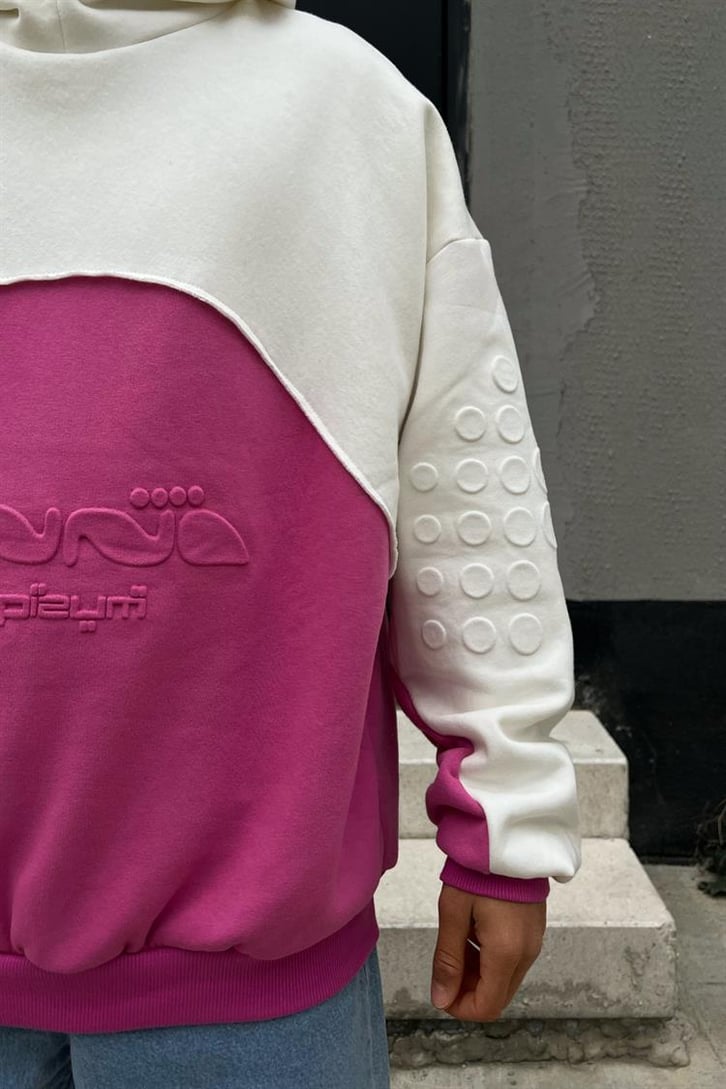 Parçalı Kabartma Baskılı Fuşya İçi Pamuklu Oversize Hoodie