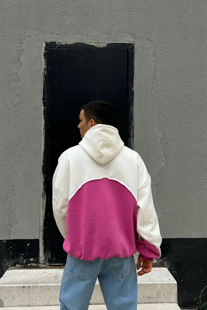 Parçalı Kabartma Baskılı Fuşya İçi Pamuklu Oversize Hoodie