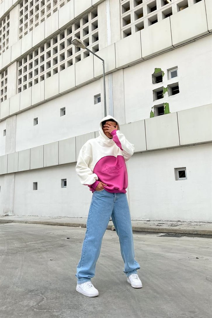 Parçalı Kabartma Baskılı Fuşya İçi Pamuklu Oversize Hoodie