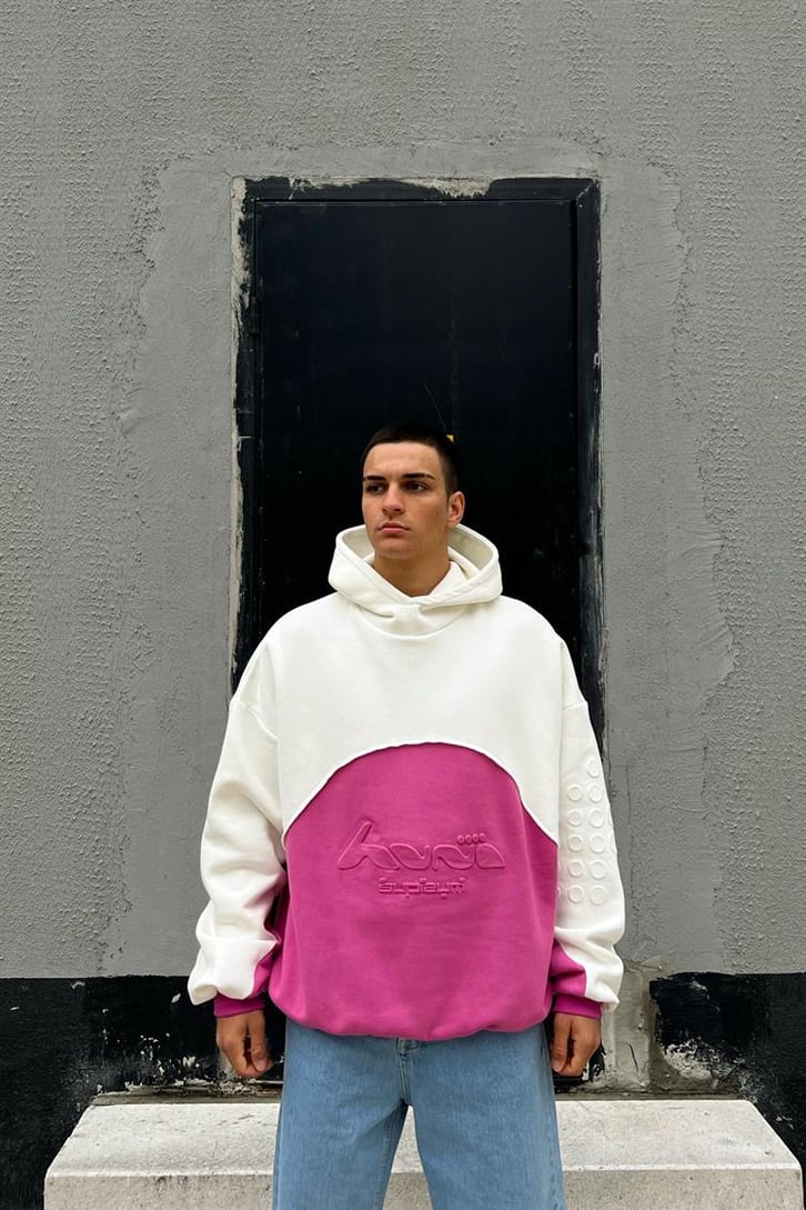 Parçalı Kabartma Baskılı Fuşya İçi Pamuklu Oversize Hoodie