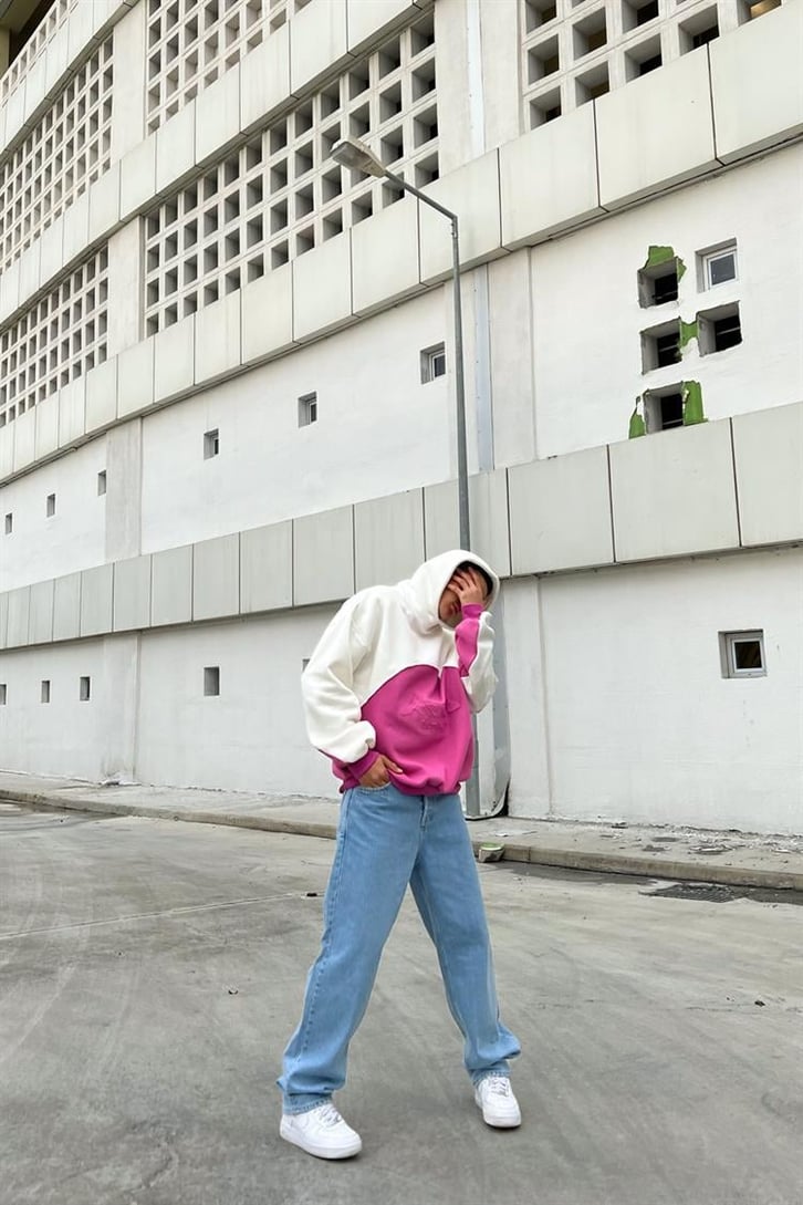 Parçalı Kabartma Baskılı Fuşya İçi Pamuklu Oversize Hoodie