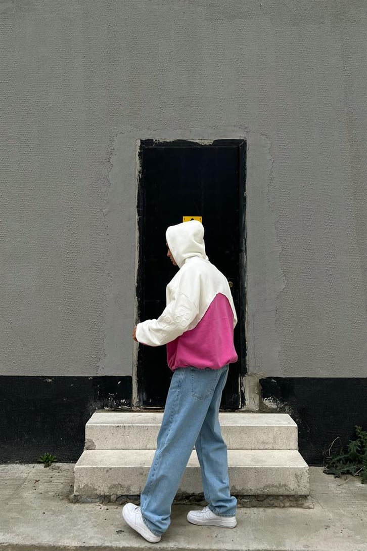 Parçalı Kabartma Baskılı Fuşya İçi Pamuklu Oversize Hoodie