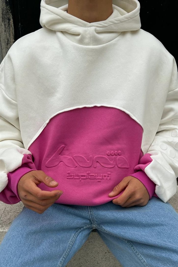 Parçalı Kabartma Baskılı Fuşya İçi Pamuklu Oversize Hoodie