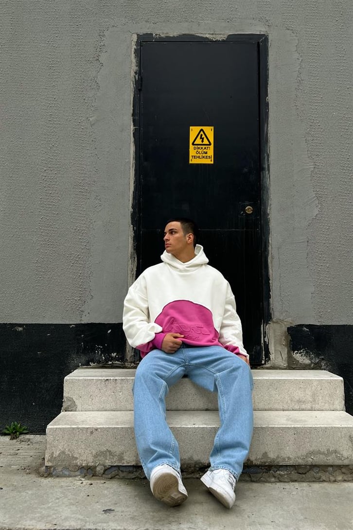 Parçalı Kabartma Baskılı Fuşya İçi Pamuklu Oversize Hoodie