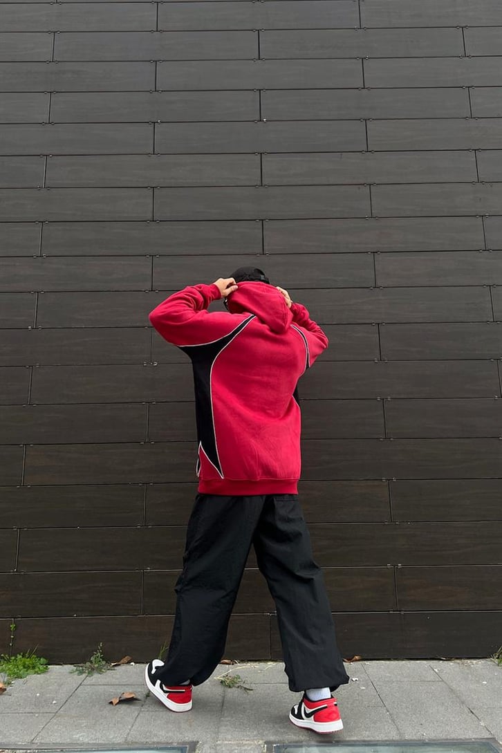 Parçalı Kırmızı İçi Pamuklu Oversize Hoodie