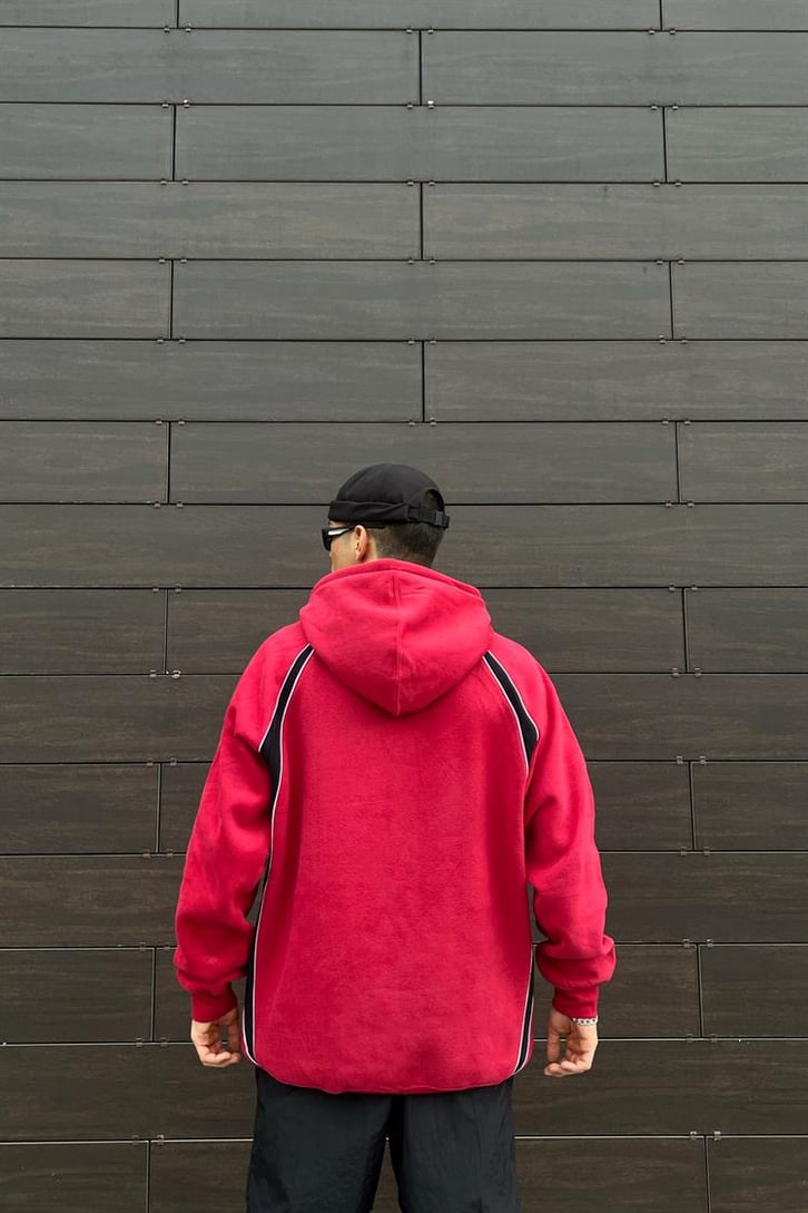 Parçalı Kırmızı İçi Pamuklu Oversize Hoodie