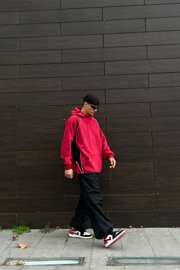 Parçalı Kırmızı İçi Pamuklu Oversize Hoodie