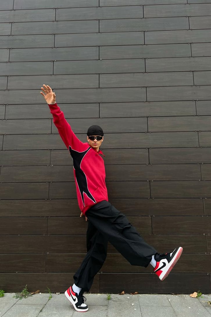 Parçalı Kırmızı İçi Pamuklu Oversize Hoodie