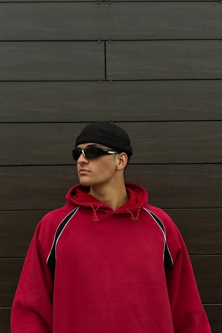Parçalı Kırmızı İçi Pamuklu Oversize Hoodie