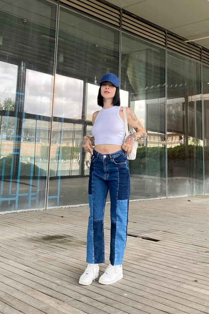 Parçalı Mavi Regular Fit Jean