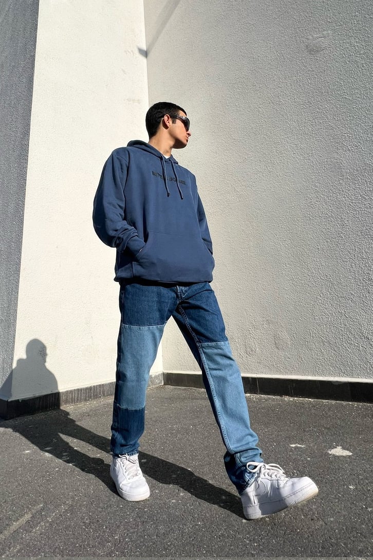 Parçalı Mavi Regular Fit Jean