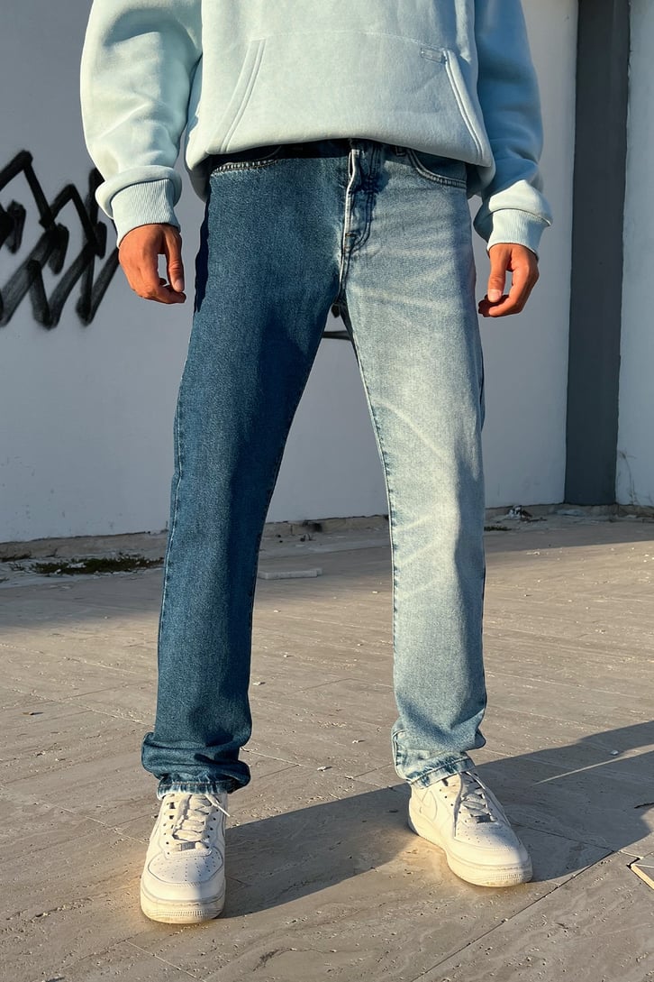 Parçalı Mavi Regular Fit Jean