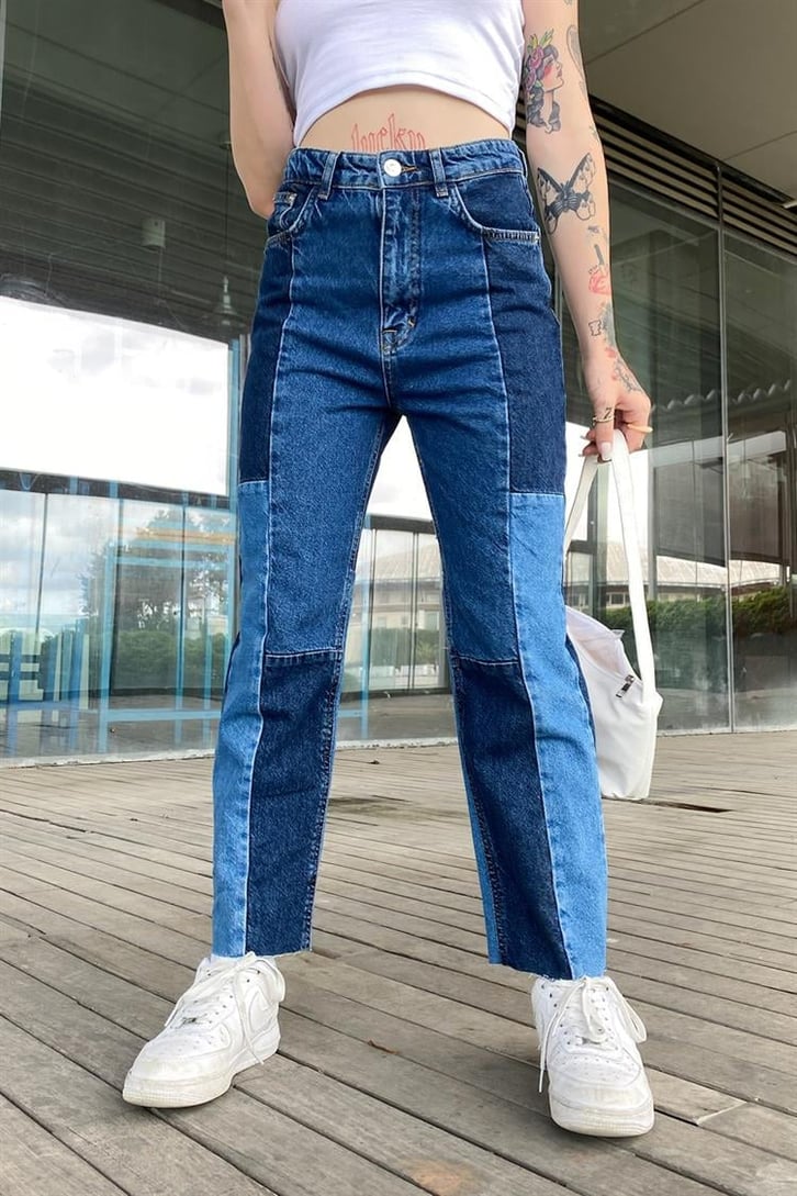 Parçalı Mavi Regular Fit Jean